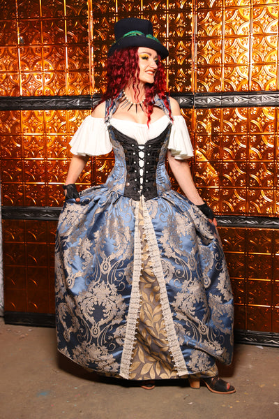 18. QUEENIE Skirt w/Lace Trim & Pocket & SEWN IN SKIRT HIKES in Cinderella Blue Damask - The Wicked Dowager Collection