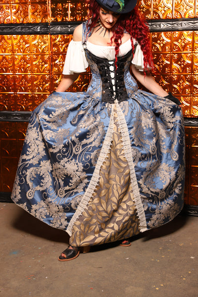 18. QUEENIE Skirt w/Lace Trim & Pocket & SEWN IN SKIRT HIKES in Cinderella Blue Damask - The Wicked Dowager Collection