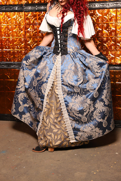 18. QUEENIE Skirt w/Lace Trim & Pocket & SEWN IN SKIRT HIKES in Cinderella Blue Damask - The Wicked Dowager Collection