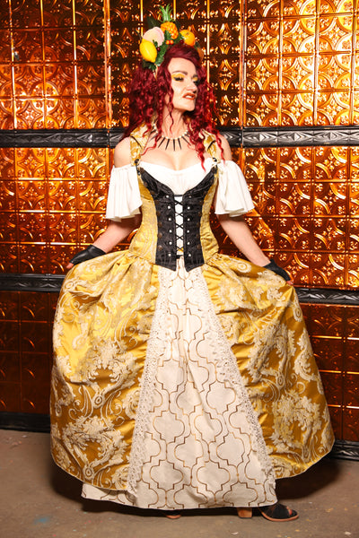 14. QUEENIE Skirt w/Lace Trim & Pocket & SEWN IN SKIRT HIKES in Belle Gold Damask - The Wicked Dowager Collection