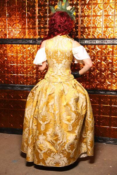 14. QUEENIE Skirt w/Lace Trim & Pocket & SEWN IN SKIRT HIKES in Belle Gold Damask - The Wicked Dowager Collection