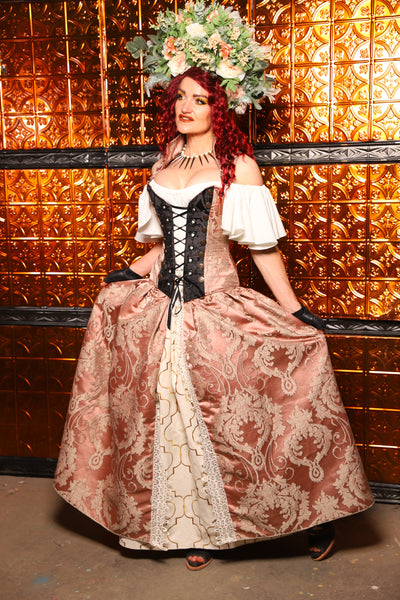 20. QUEENIE Skirt w/Lace Trim & Pocket & SEWN IN SKIRT HIKES in Pearl Pink Damask - The Wicked Dowager Collection