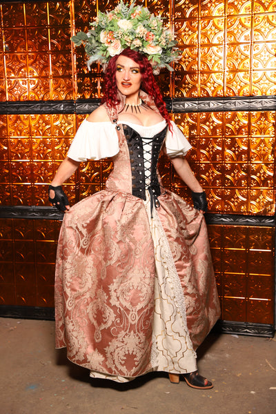 20. QUEENIE Skirt w/Lace Trim & Pocket & SEWN IN SKIRT HIKES in Pearl Pink Damask - The Wicked Dowager Collection
