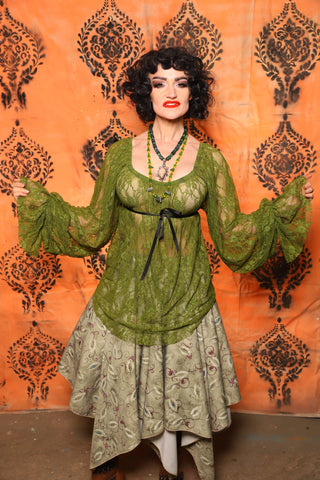 Classic Blouse with Long Sleeves in Olive Green Stretch Lace - Day 8 of 13 Days of Halloween