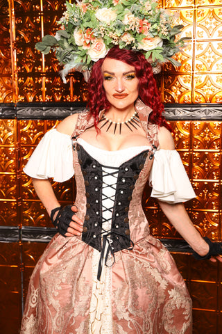 12. Buccaneer Overbust Corset in Pearl Pink Damask *FULL SIZE RODS* - The Wicked Dowager Collection
