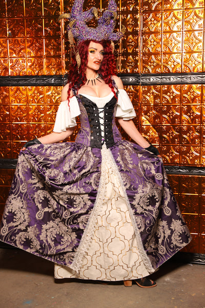 21. QUEENIE Skirt w/Lace Trim & Pocket & SEWN IN SKIRT HIKES in Royalty Damask - The Wicked Dowager Collection