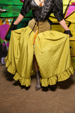 32. Split Front Skirt w/Ruffle in Brine Green Crepe Satin - The Wrenfaire Collection