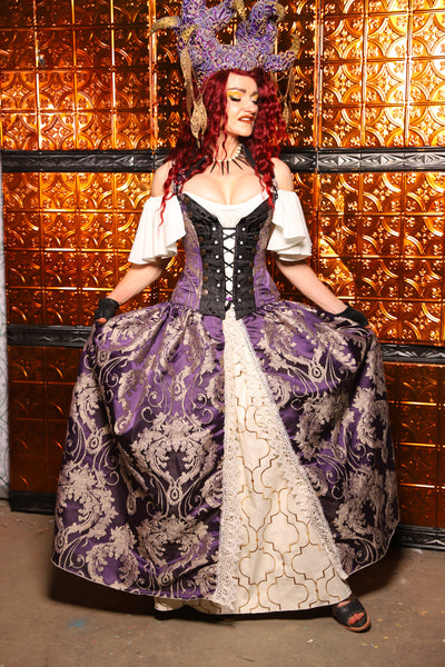 21. QUEENIE Skirt w/Lace Trim & Pocket & SEWN IN SKIRT HIKES in Royalty Damask - The Wicked Dowager Collection