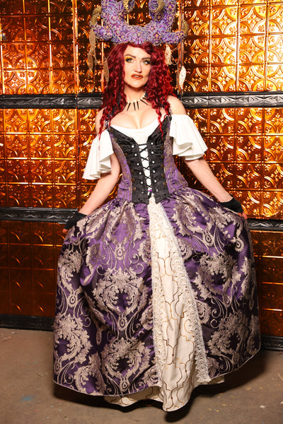 21. QUEENIE Skirt w/Lace Trim & Pocket & SEWN IN SKIRT HIKES in Royalty Damask - The Wicked Dowager Collection