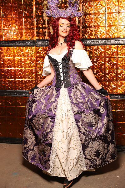 21. QUEENIE Skirt w/Lace Trim & Pocket & SEWN IN SKIRT HIKES in Royalty Damask - The Wicked Dowager Collection