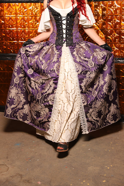 21. QUEENIE Skirt w/Lace Trim & Pocket & SEWN IN SKIRT HIKES in Royalty Damask - The Wicked Dowager Collection