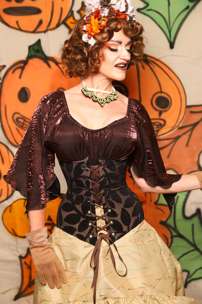 Wench Corset in Black Ink Leaves Chenille - "The Knotty Wood" Collection