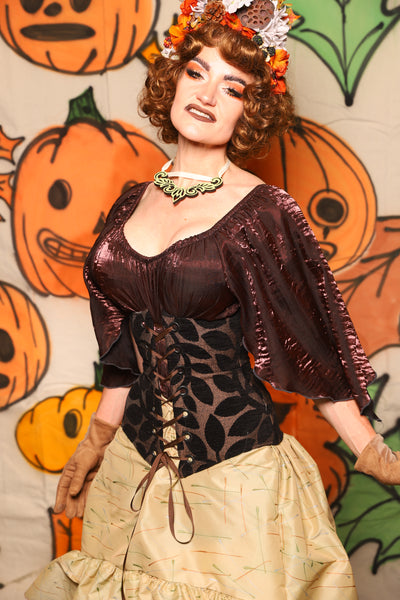 Wench Corset in Black Ink Leaves Chenille - "The Knotty Wood" Collection