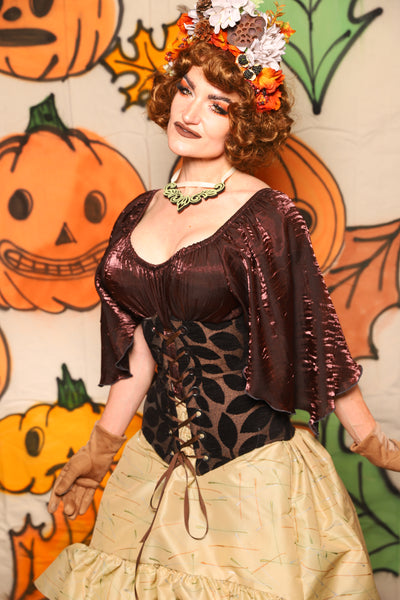 Wench Corset in Black Ink Leaves Chenille - "The Knotty Wood" Collection