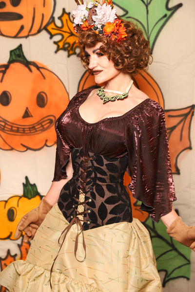 Wench Corset in Black Ink Leaves Chenille - "The Knotty Wood" Collection