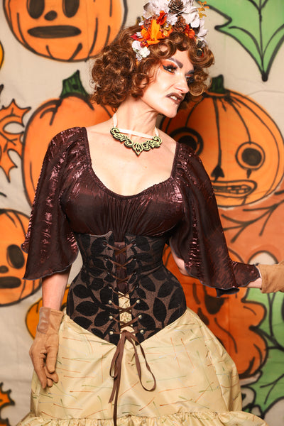 Wench Corset in Black Ink Leaves Chenille - "The Knotty Wood" Collection