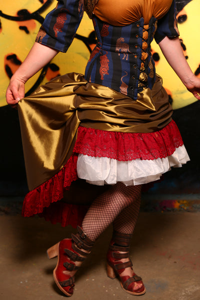 Swoon Skirt w/ Long Red Lace Ruffle in Olive Green Satin #35 - Kitty Kitty Bang Bang Collection