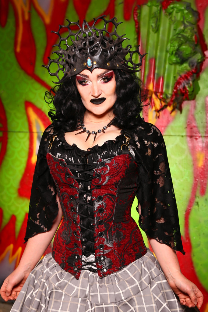 Aurora X Corset in Crimson and Pewter Medallion - The Midnight Fable Collection