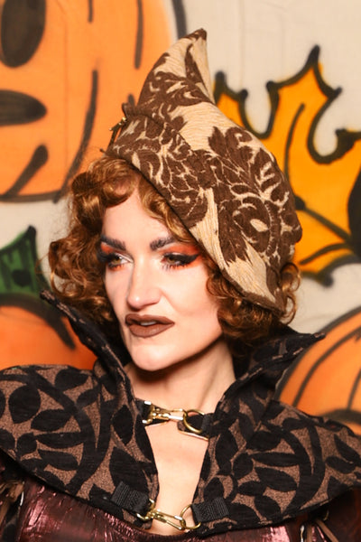 Crooked Point Hat in Brown & Cream Damask Chenille - "The Knotty Wood" Collection