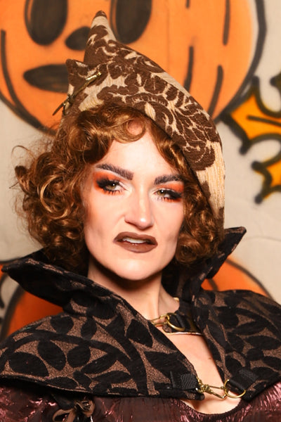Crooked Point Hat in Brown & Cream Damask Chenille - "The Knotty Wood" Collection