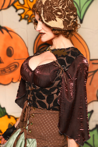Cropped Vixen w/Clasp Collar in Black Ink Leaves Chenille - "The Knotty Wood" Collection