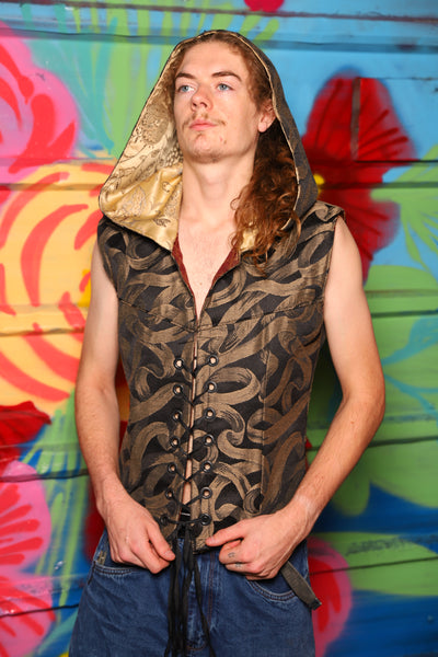 Hooded Men's Vest in Brass Ribbons - Day 7 of 22 Days of Damsel