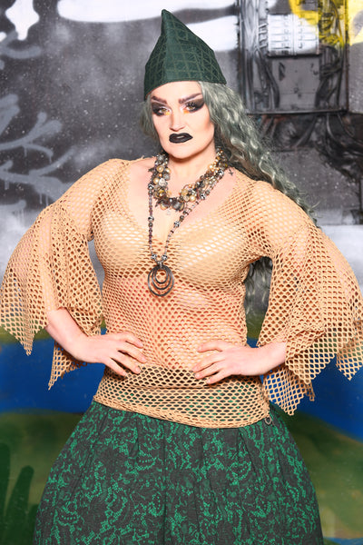 Fishnet V Neck Blouse with Spiky Flounce Sleeves in Tan - The Ogre & Onion Collection