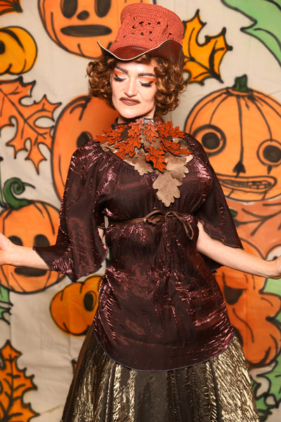 Classic Blouse w/ Leaf Sleeves in Brown Crushed Iridescent Shimmer -"The Knotty Wood" Collection