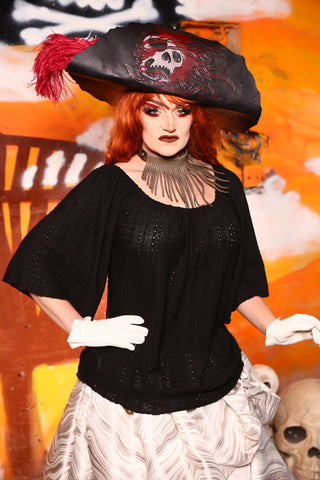 06 - Classic Peasant Blouse w/ Elbow Sleeves in Black Eyelet Embroidery - The New Horizons Collection