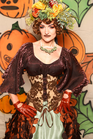 Wench Corset in Brown & Cream Damask Chenille - "The Knotty Wood" Collection
