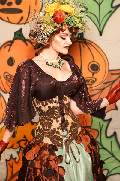 Wench Corset in Brown & Cream Damask Chenille - "The Knotty Wood" Collection