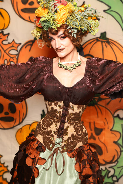 Wench Corset in Brown & Cream Damask Chenille - "The Knotty Wood" Collection