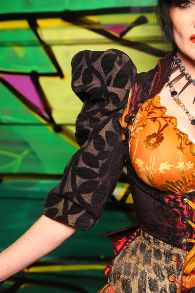 Detachable Elbow Puff Sleeve in Black Ink Leaves Chenille - The Wrenfaire Collection