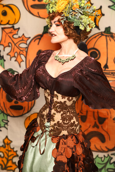 Wench Corset in Brown & Cream Damask Chenille - "The Knotty Wood" Collection
