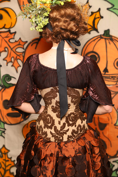 Wench Corset in Brown & Cream Damask Chenille - "The Knotty Wood" Collection