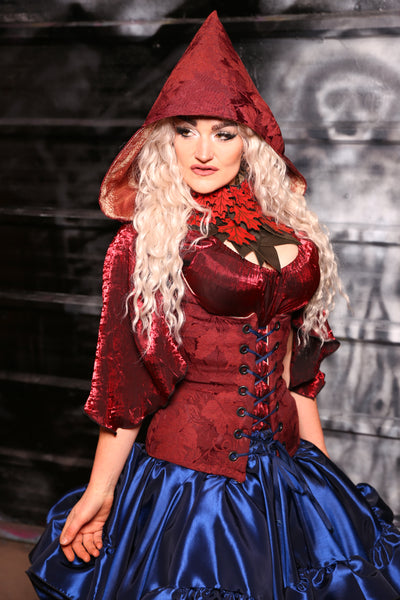 Hooded Vixen Corset In Currant Red Floral - “13 Days of Halloween 2024” Day 13