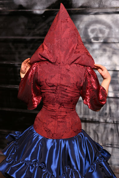 Hooded Vixen Corset In Currant Red Floral - “13 Days of Halloween 2024” Day 13