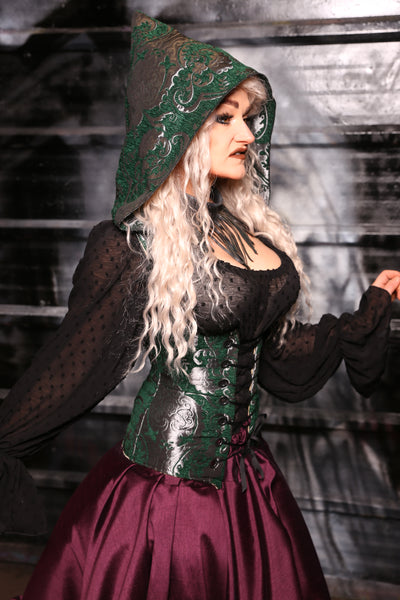 Hooded Vixen Corset In Emerald & Silver Medallion - “13 Days of Halloween 2024” Day 12