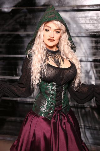 Hooded Vixen Corset In Emerald & Silver Medallion - “13 Days of Halloween 2024” Day 12