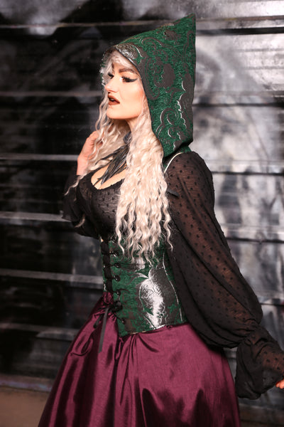 Hooded Vixen Corset In Emerald & Silver Medallion - “13 Days of Halloween 2024” Day 12