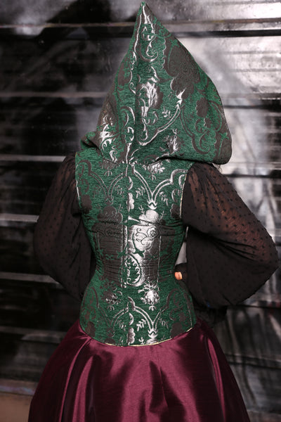 Hooded Vixen Corset In Emerald & Silver Medallion - “13 Days of Halloween 2024” Day 12