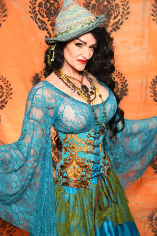Petite Wench Corset in Turquoise & Gold Medallion - Day 13 of 13 Days of Halloween 2025