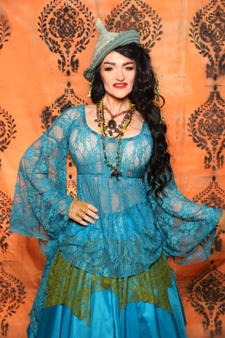 Emma Blouse in w/ Goddess Sleeves in Turquoise Lace - Day 13 of 13 Days of Halloween 2025