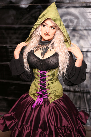 Hooded Vixen Corset In Apple Green Damask - “13 Days of Halloween 2024” Day 12