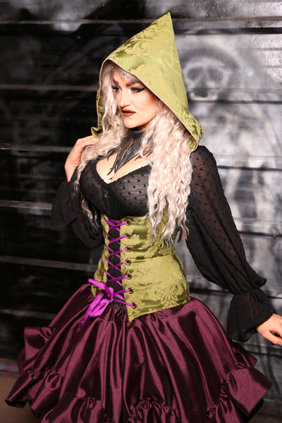 Hooded Vixen Corset In Apple Green Damask - “13 Days of Halloween 2024” Day 12