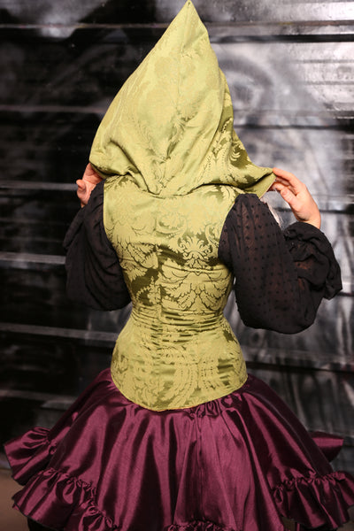 Hooded Vixen Corset In Apple Green Damask - “13 Days of Halloween 2024” Day 12