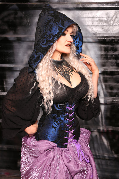 Hooded Vixen Corset In Black & Blue Medallion - “13 Days of Halloween 2024” Day 12