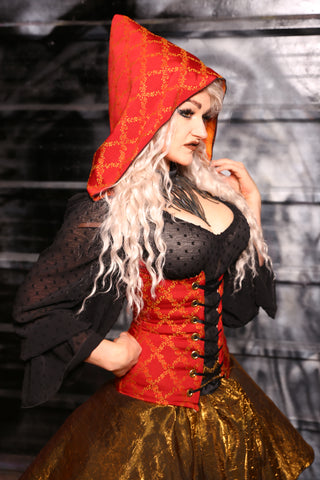 Hooded Vixen Corset In Red Rose Trellis - “13 Days of Halloween 2024” Day 12