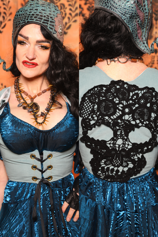 Cropped Dapper Vixen in Blue Slate w/Black Lace Skull Applique  - Day 13 of 13 Days of Halloween 2025