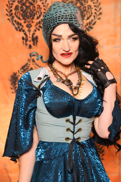 Cropped Dapper Vixen in Blue Slate w/Black Lace Skull Applique  - Day 13 of 13 Days of Halloween 2025